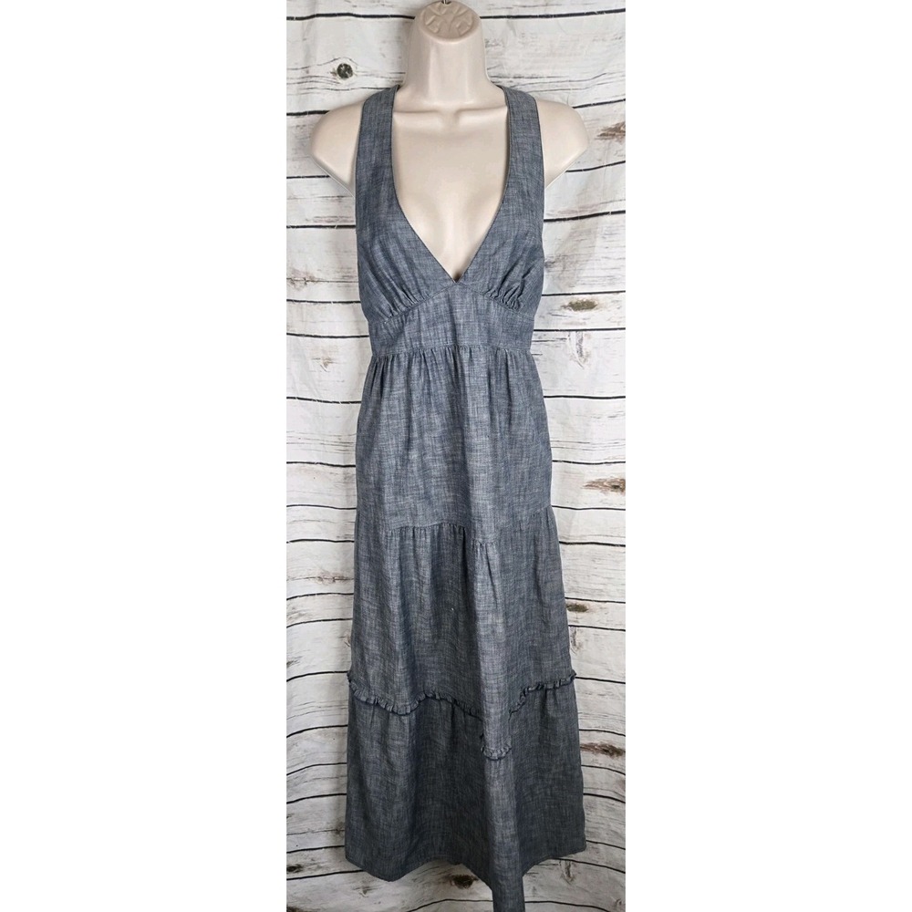 GAP Blue Chambray Maxi Dress XS Tiered Halter Racer Back 100% Cotton Womens